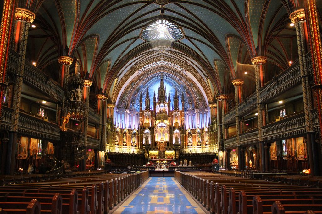 Long view of path leading to the alter inside Basilique Notre-Dame de Montréal. 