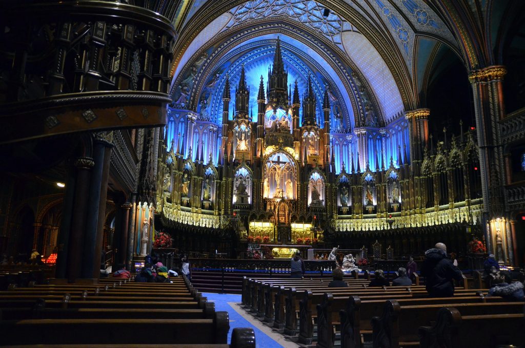 Interior angle shot of Basilique Notre-Dame de Montréal.