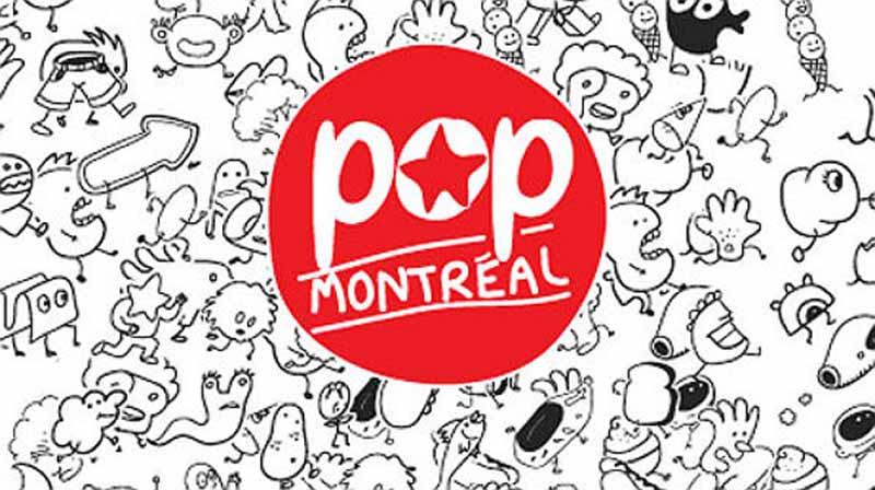 Black and white line drawing cartoon with the POP Montréal logo in the center.