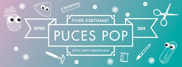 Stylized cartoon and banner ad for Puces Pop Montreal.